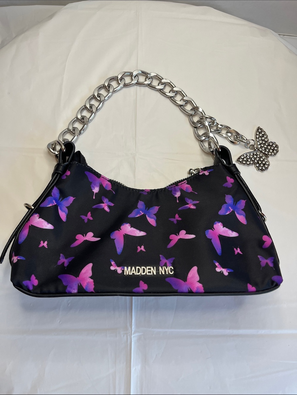 Madden NYC Black Shoulder Bag with Purple & Pink Butterfly Print